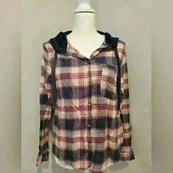 C&C California Tops - C&C California Anthropologie Shirt Womens Medium Blue Plaid Hooded Flannel